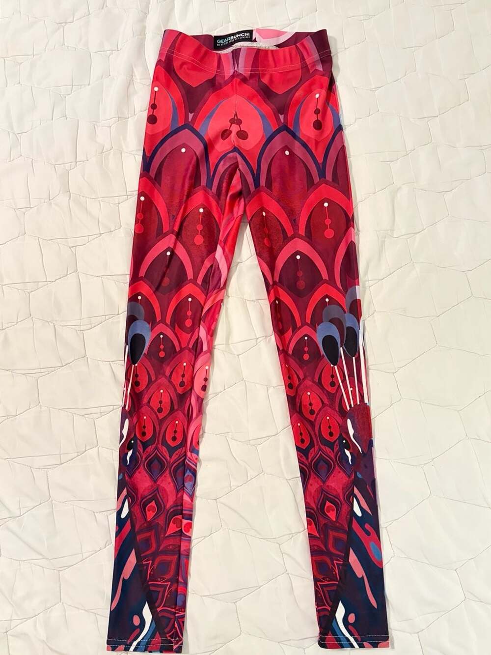 Gearbunch Leggings Size XS Pink Red Peacock Feather Print Activewear Gym Yoga